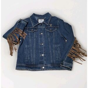New Women's Yellowstone Western Fringed Denim Jacket With Studs Med. Blue Size S